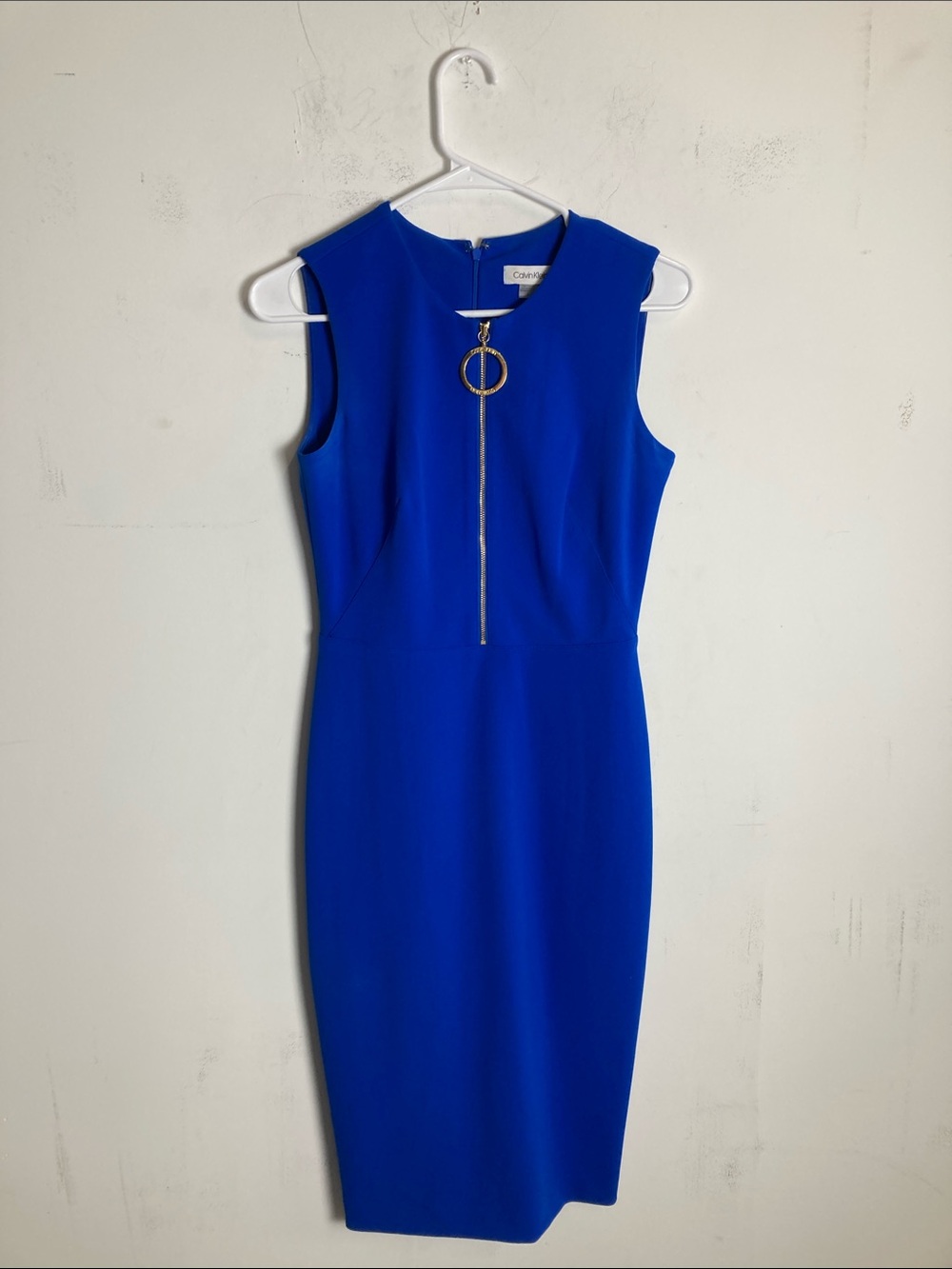 Calvin Klein Cobalt Blue Sleeveless Sheath Dress with Ring Zip